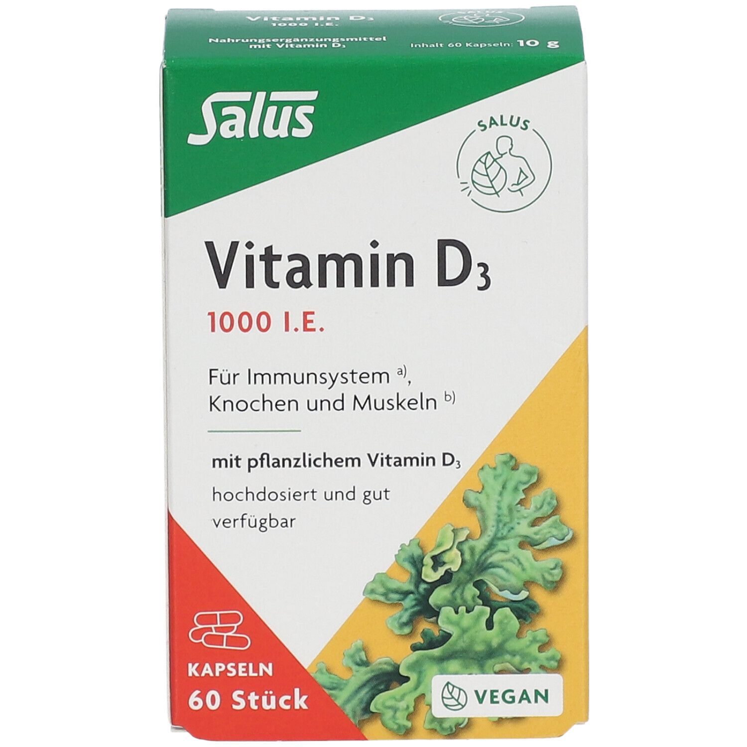 Salus Vitamin D3 1000 I.E. Packung. Enthält 60 Kapseln. Vegan. Aufschrift: Für Immunsystem, Knochen und Muskeln.