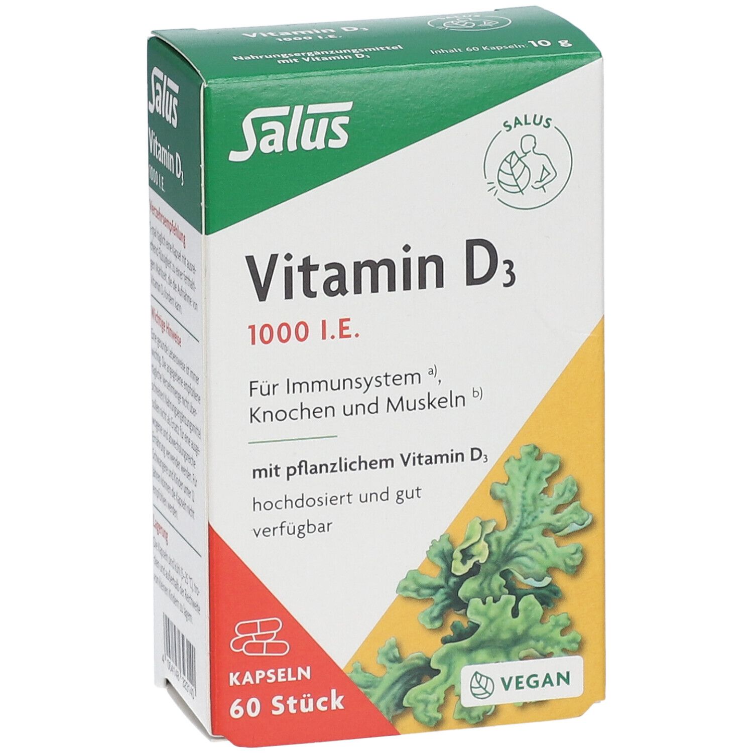 Salus Vitamin D3 1000 I.E. Packung. Enthält 60 Kapseln. Aufschrift: Für Immunsystem, Knochen und Muskeln.