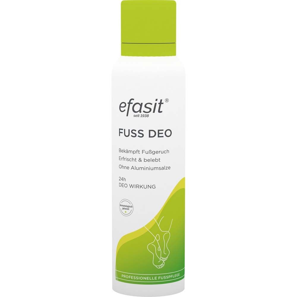 Weißes Fußdeo mit grünem Deckel. Aufschrift: efasit Fuß Deo. Bekämpft Fußgeruch, erfrischt & belebt, ohne Aluminiumsalze.