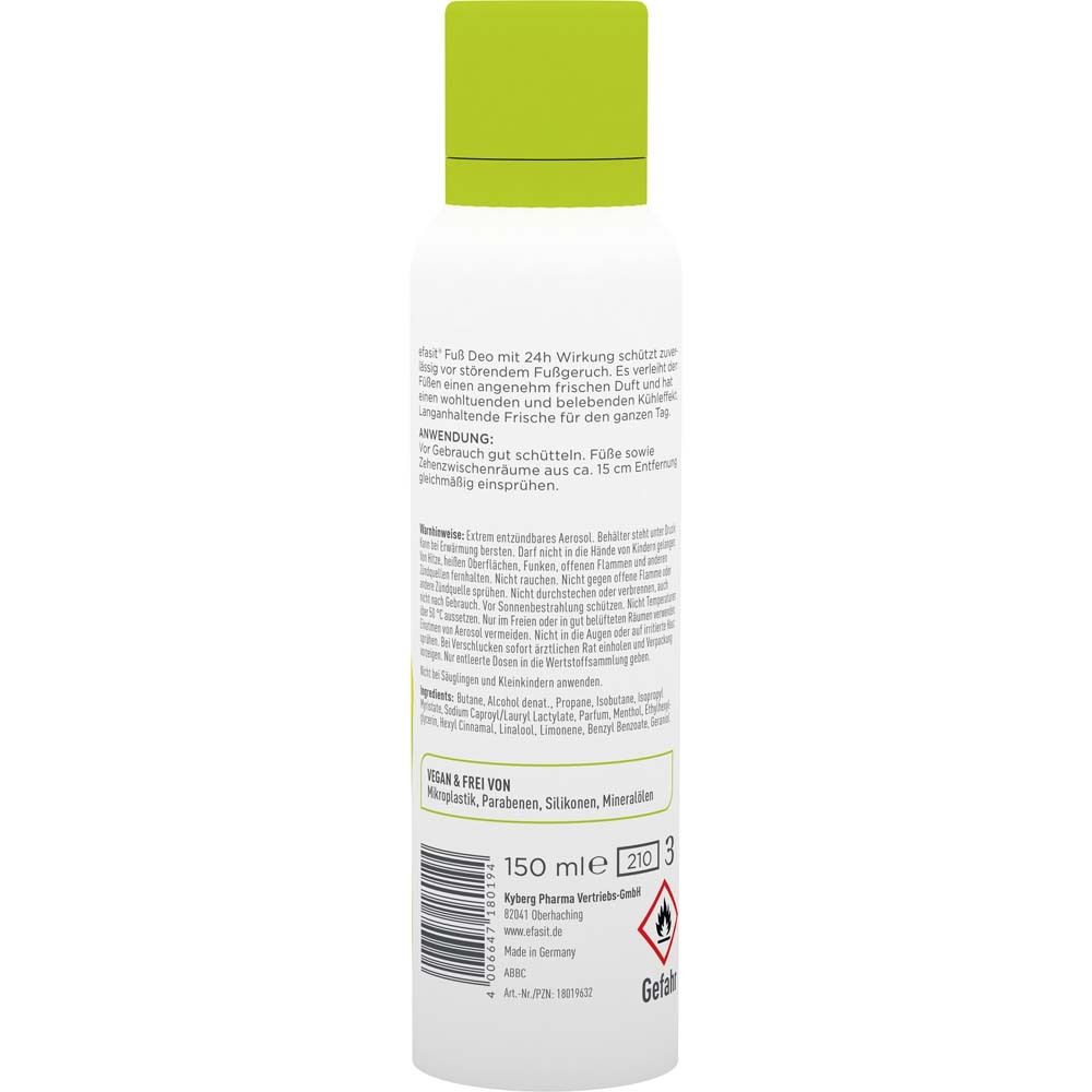 Rückseite des Fußdeos. Text: Vegan & frei von: Plastik, Parabenen, Silikonen, Mineralölen. 150 ml. Gefahrensymbol.