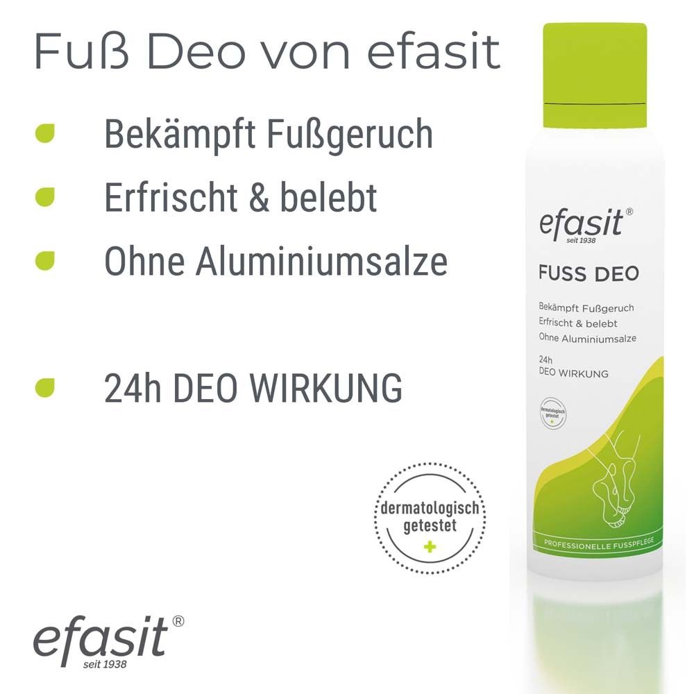 Fuß Deo von efasit. Text: Bekämpft Fußgeruch, erfrischt & belebt, ohne Aluminiumsalze, 24h Deo Wirkung. Dermatologisch getestet.