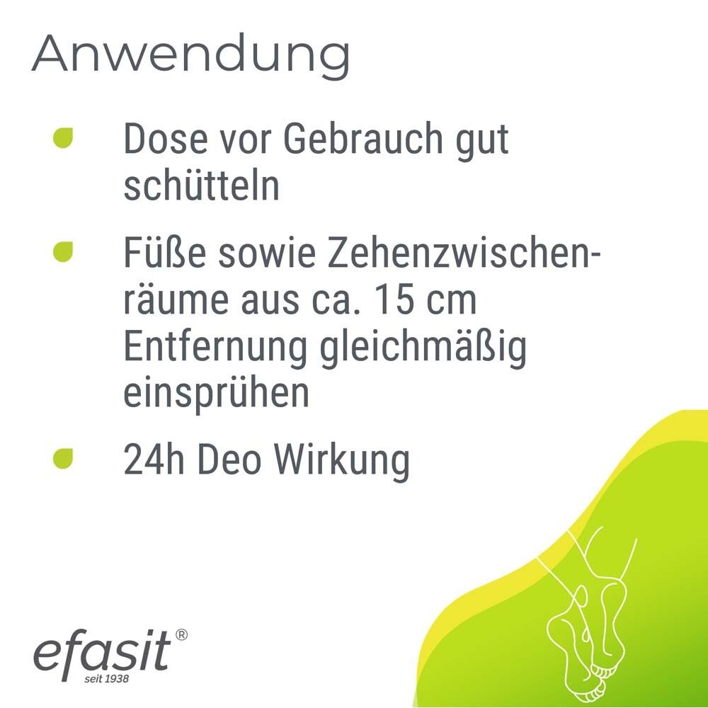 Anwendung: Dose vor Gebrauch schütteln. Füße aus ca. 15 cm Entfernung einsprühen. 24h Deo Wirkung. efasit Logo.