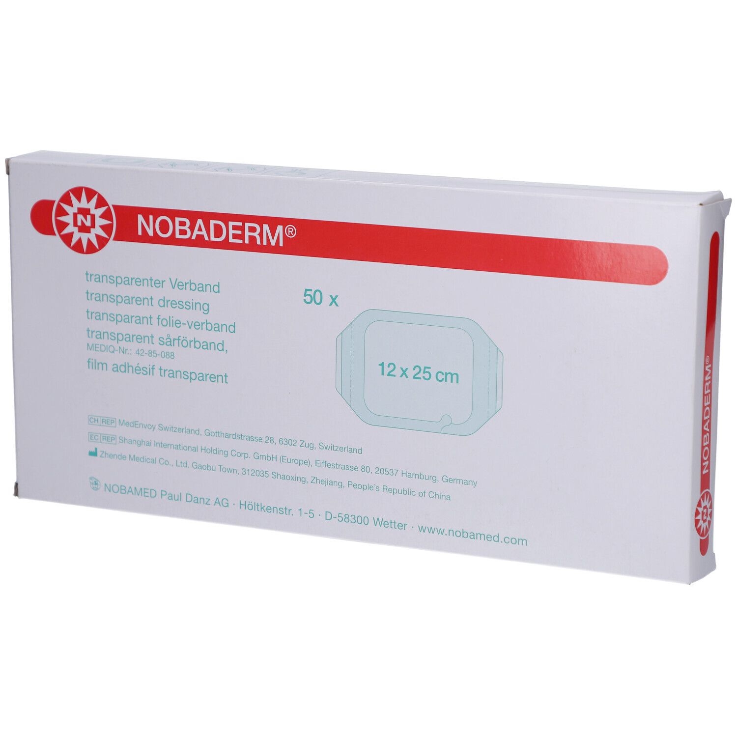 Verpackung NOBADERM® Transparentverband. 50 Stück, 12 x 25 cm. Weißer Karton mit roter Schrift und Logo.
