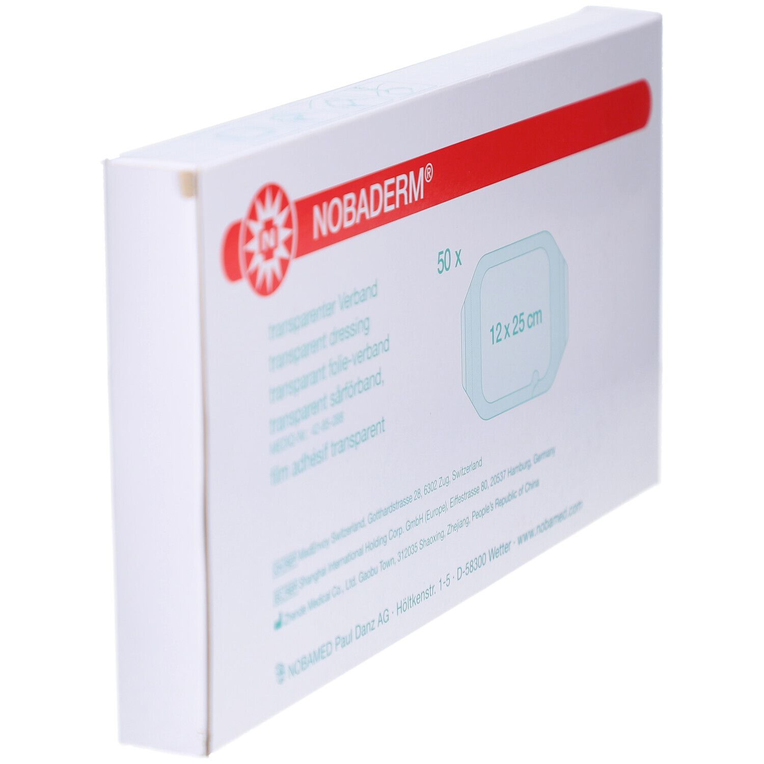Schrägansicht der NOBADERM® Transparentverband Verpackung. Weißer Karton mit roter Schrift und Logo.