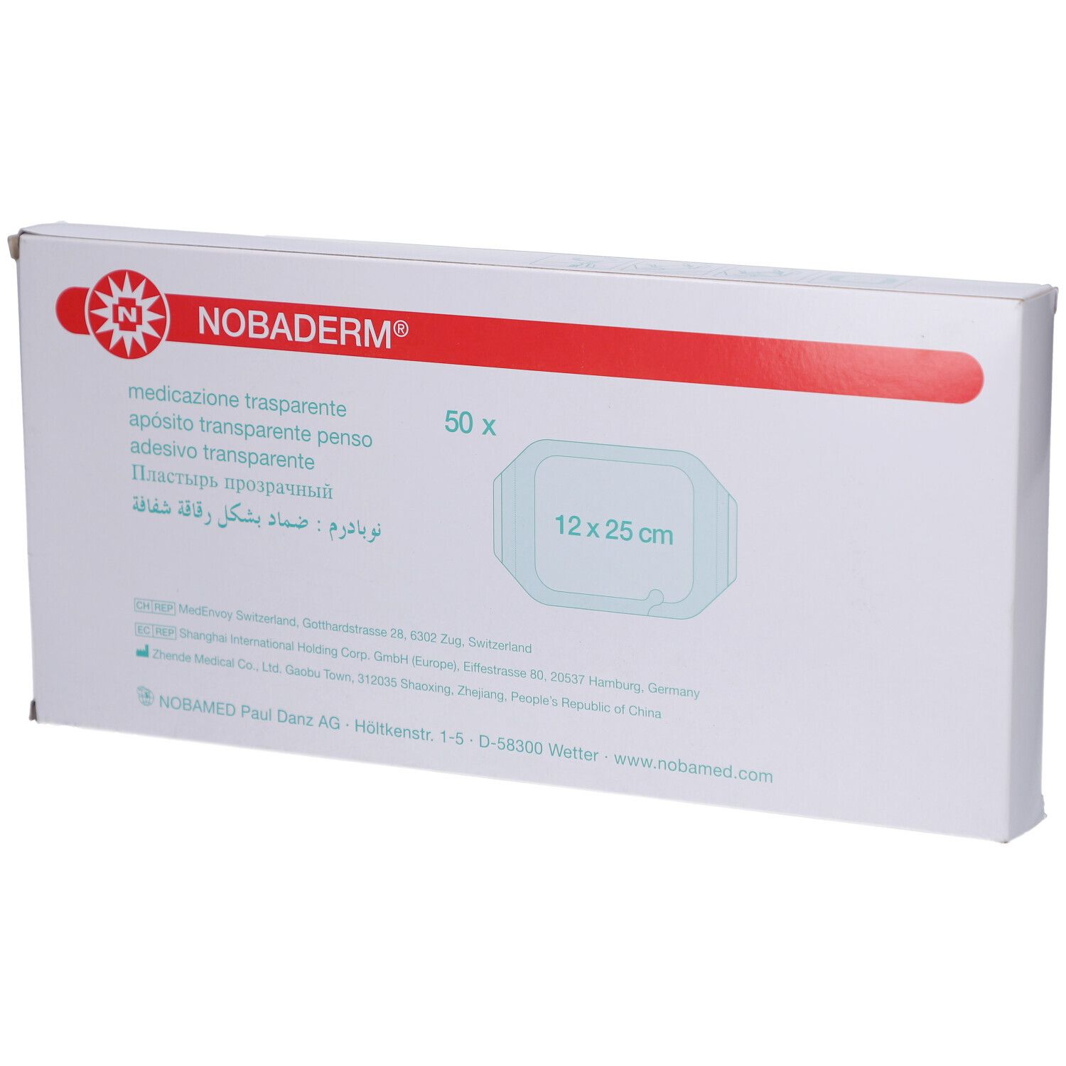 Verpackung NOBADERM® Transparentverband. 50 Stück, 12 x 25 cm. Weißer Karton mit roter Schrift und Logo.