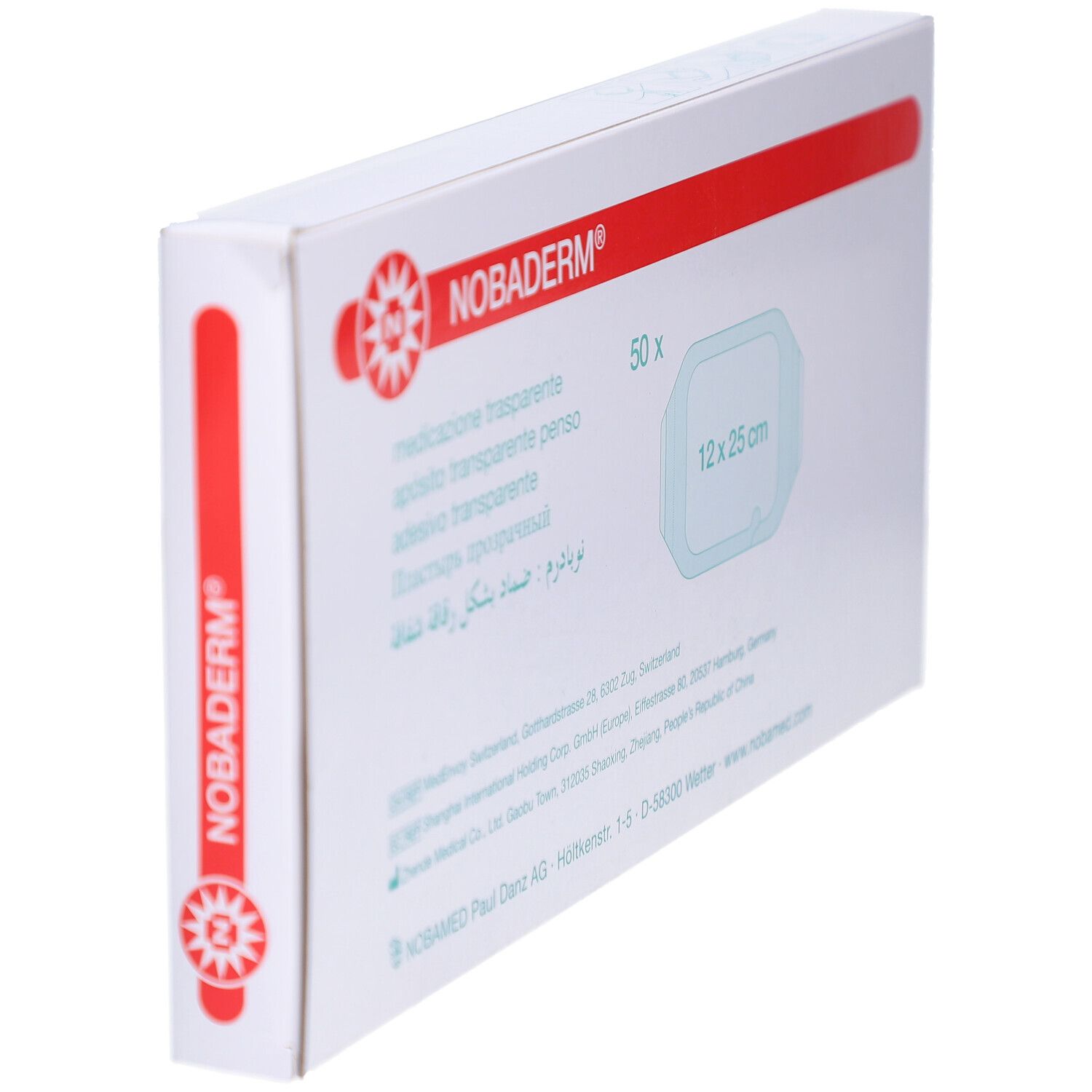 Schrägansicht der NOBADERM® Transparentverband Verpackung. Weißer Karton mit roter Schrift und Logo.