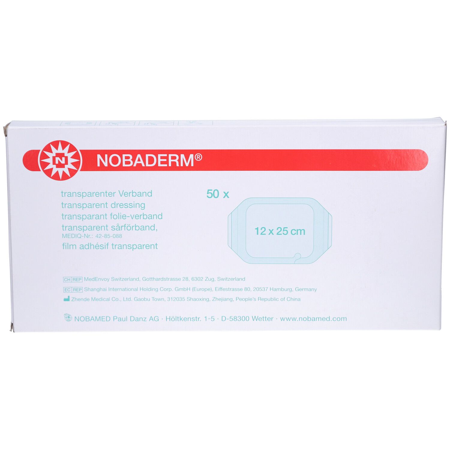Verpackung NOBADERM® Transparentverband. 50 Stück, 12 x 25 cm. Weißer Karton mit roter Schrift und Logo.