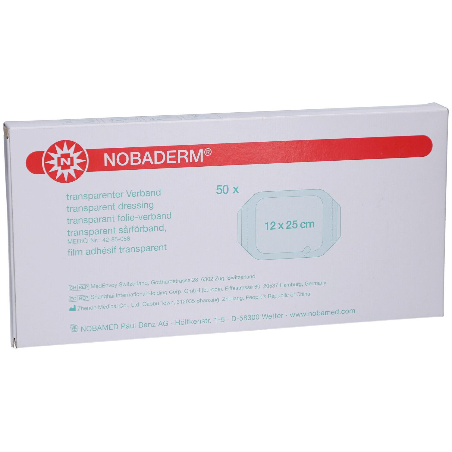 Verpackung NOBADERM® Transparentverband. 50 Stück, 12 x 25 cm. Weißer Karton mit roter Schrift und Logo.