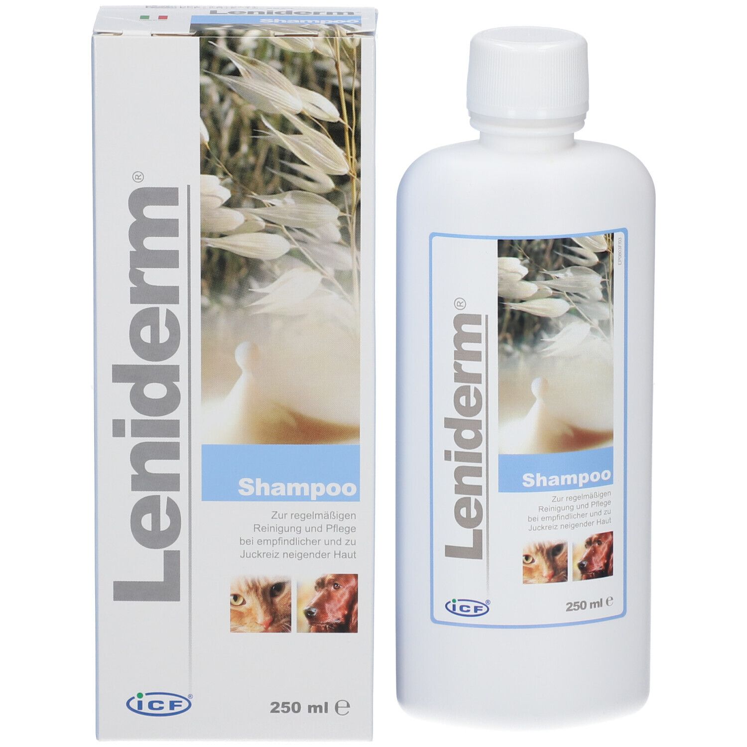 Leniderm® Shampoo-Flasche und -Verpackung. Aufschrift "Shampoo" und Abbildungen von Tieren. 250 ml. Verpackung mit Logo.