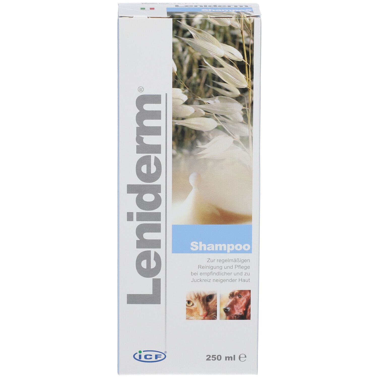 Verpackung von Leniderm® Shampoo. Aufschrift "Shampoo" und Abbildungen von Tieren. 250 ml. Mit Logo.
