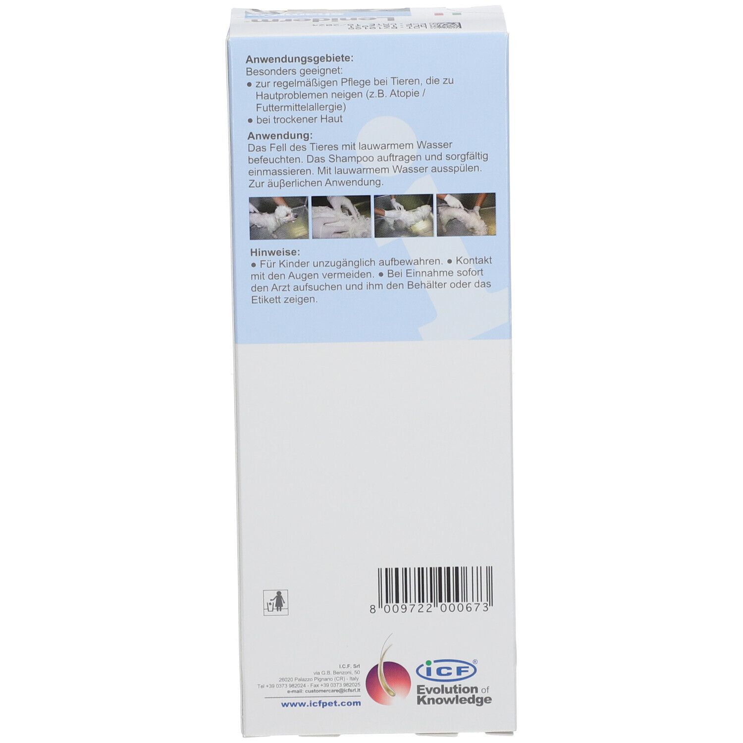 Rückseite der Leniderm® Shampoo-Verpackung. Text mit Anwendungshinweisen und Warnhinweisen. Mit Logo.