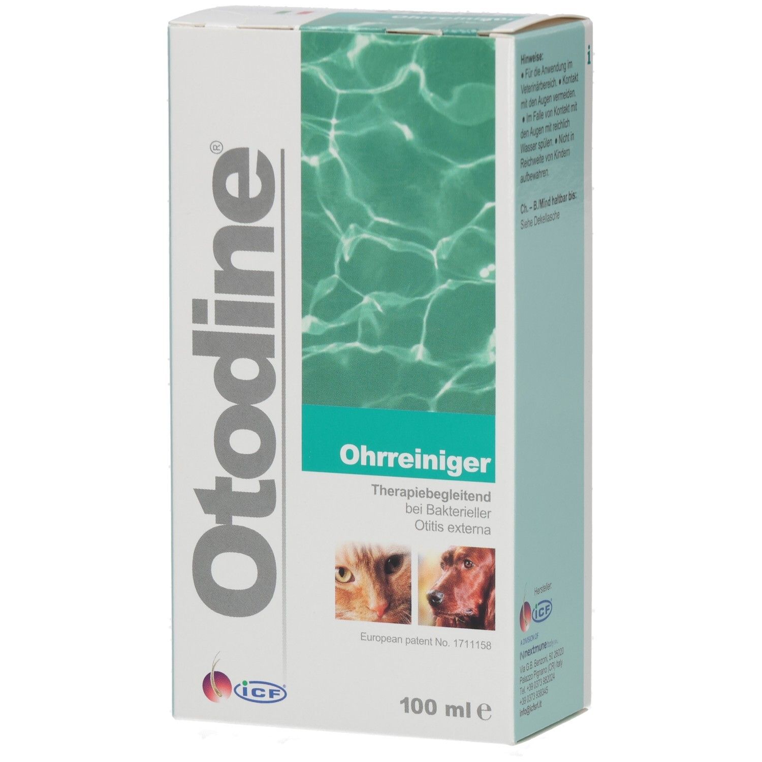 Otodine®-Verpackung. Ohrenreiniger für Hunde und Katzen. 100 ml. Mit Abbildung von Wasser und Tiergesichtern.