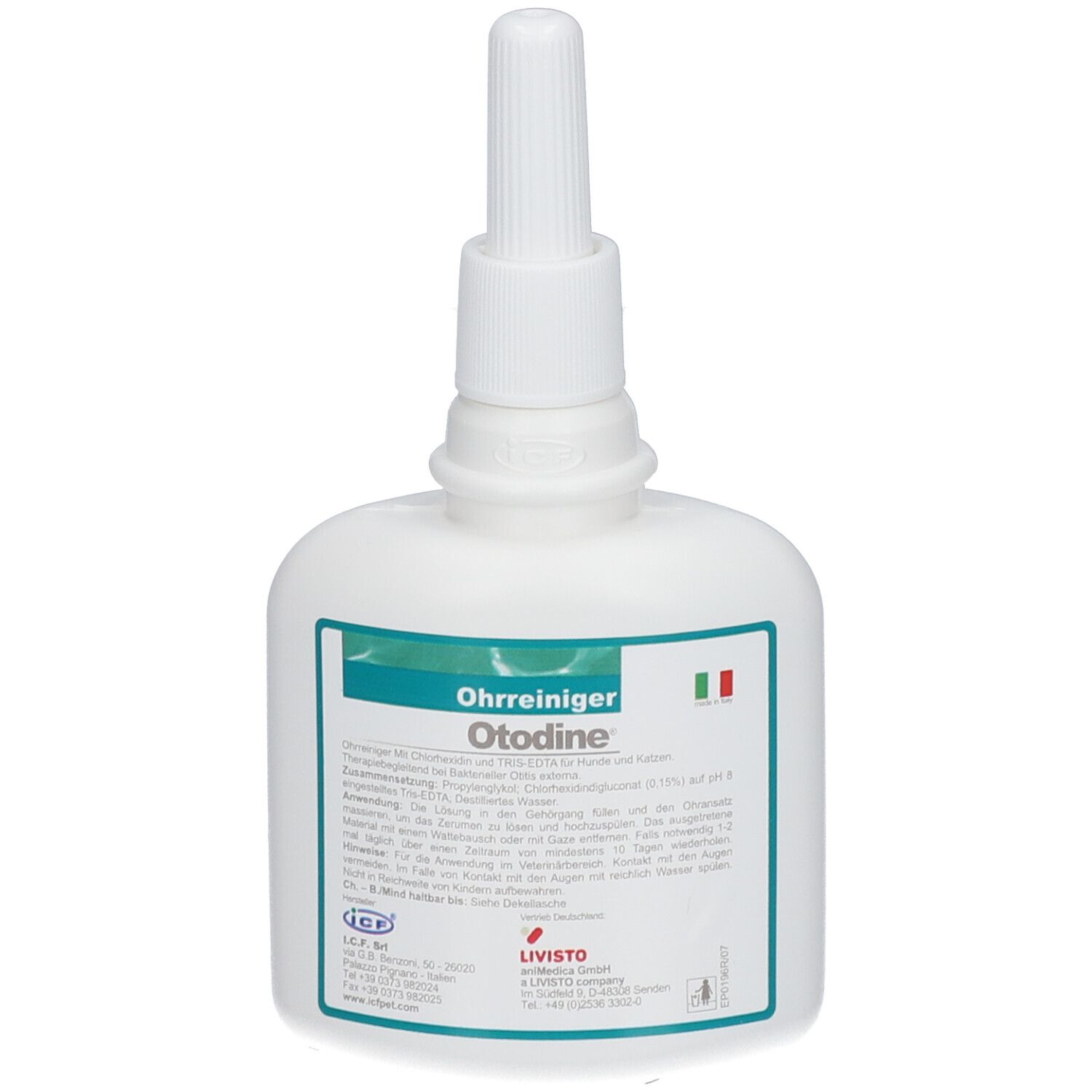 Otodine®-Verpackung. Rückseite mit Produktinformationen und Anwendungsanleitung. Illustrationen.