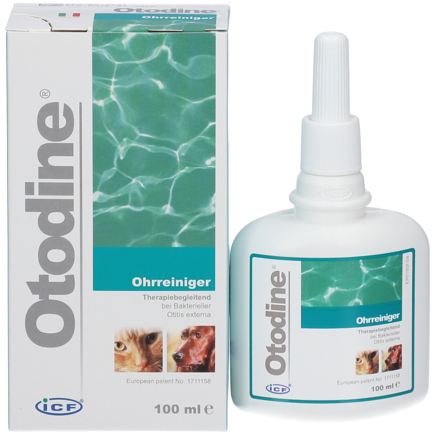 Otodine®-Verpackung. Rückseite mit Anwendungsanleitung und Illustrationen. Barcode und Herstellerinformationen.