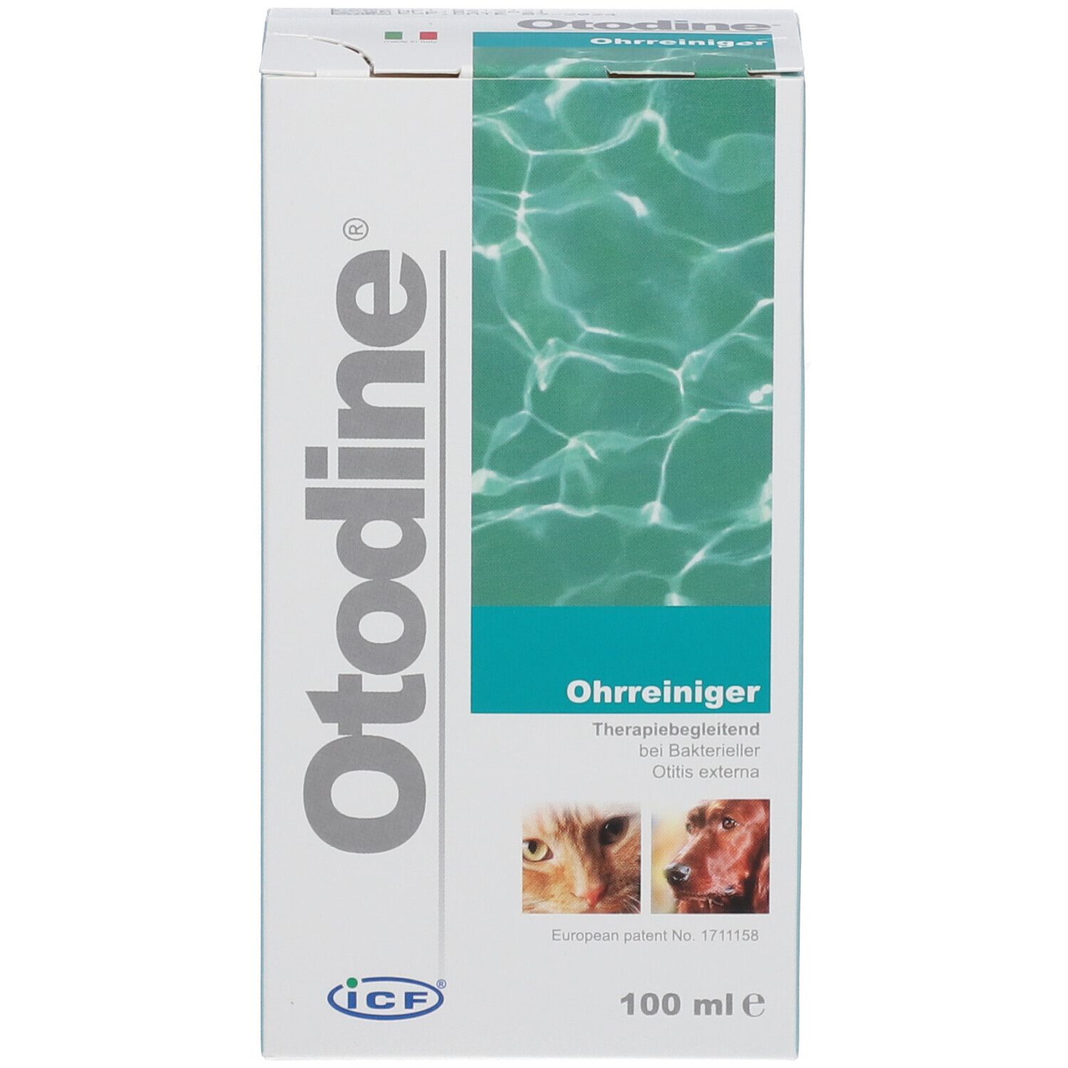 Otodine®-Verpackung. Seite mit Hinweisen zur Anwendung und Herstellerinformationen. Barcode.