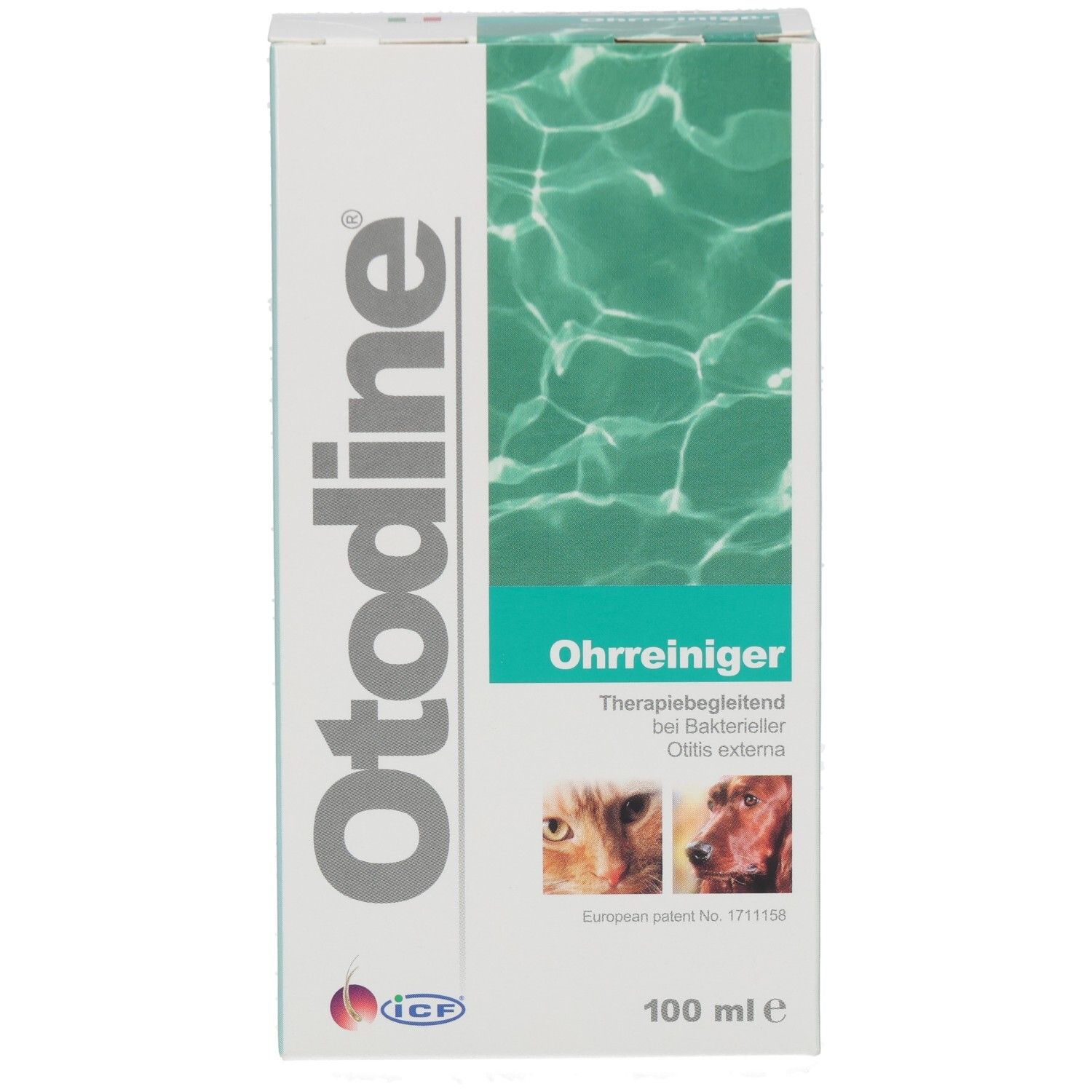 Otodine®-Verpackung. Vorderseite mit Produktnamen, Ohrenreiniger-Bezeichnung und Tierabbildungen. 100 ml.