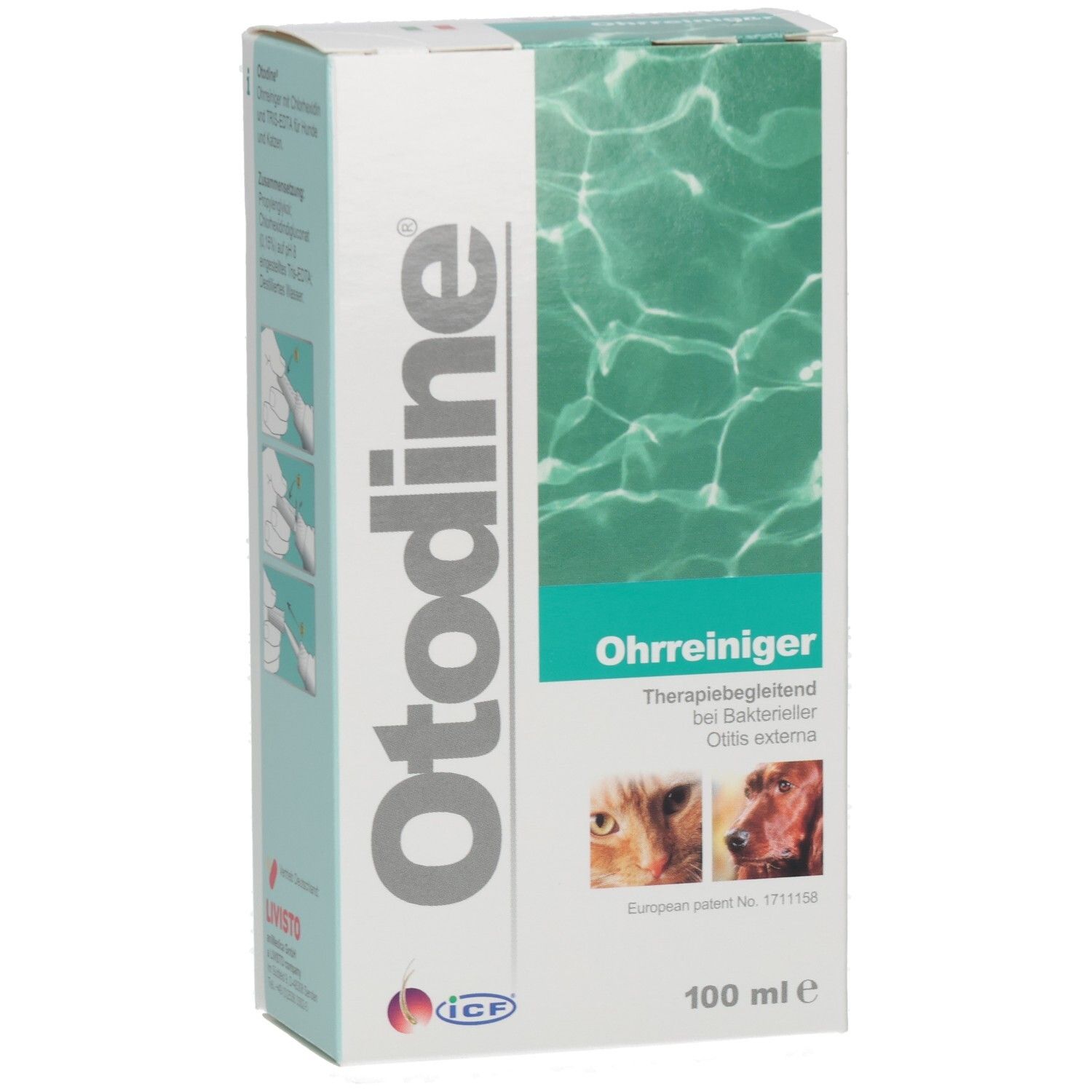 Otodine®-Verpackung. Schrägansicht mit Produktnamen, Ohrenreiniger-Bezeichnung und Tierabbildungen. 100 ml.