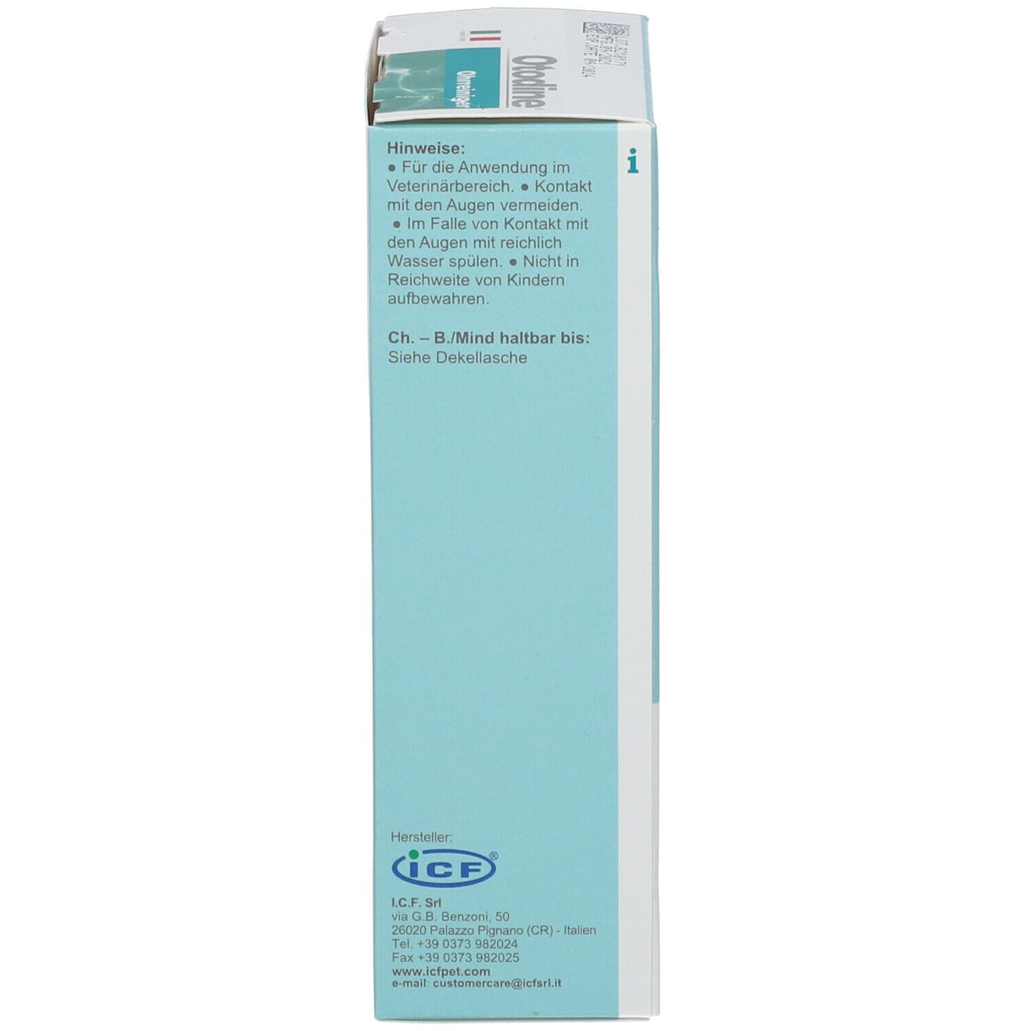 Otodine®-Verpackung. Seite mit Anwendungshinweisen und Herstellerinformationen. Barcode.