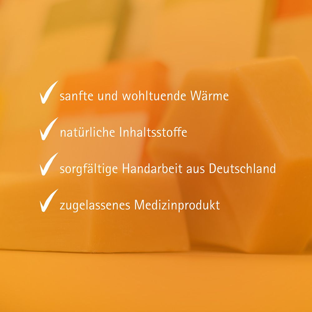Vorteile von HalsWickel Zitrone: sanfte Wärme, natürliche Inhaltsstoffe, Handarbeit, Medizinprodukt.