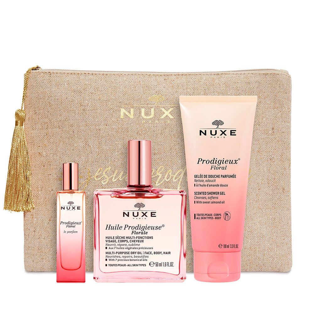 Set mit Kosmetiktasche, Duftöl, Duschgel und Parfum. Produkte mit rosa Farbverlauf und goldfarbenen Akzenten. NUXE-Logo.