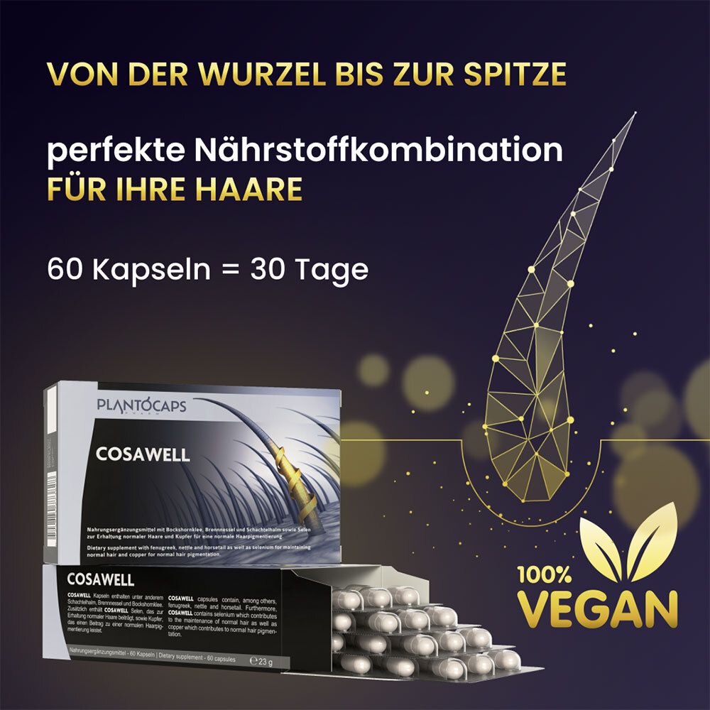 COSAWELL®-Verpackung mit Darstellung von Haarwurzeln und Text 'Nahrungsergänzungsmittel'.
