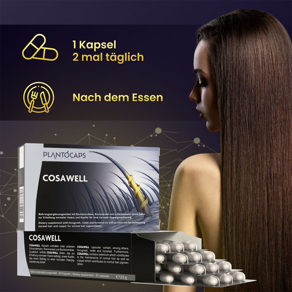 COSAWELL®-Verpackung mit Darstellung von Haarwurzeln und Text 'Nahrungsergänzungsmittel'.