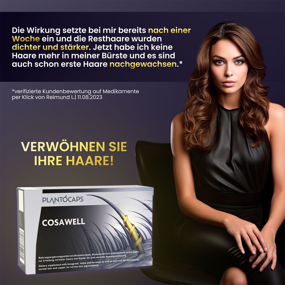 COSAWELL®-Verpackung mit Darstellung von Haarwurzeln und Text 'Nahrungsergänzungsmittel'.