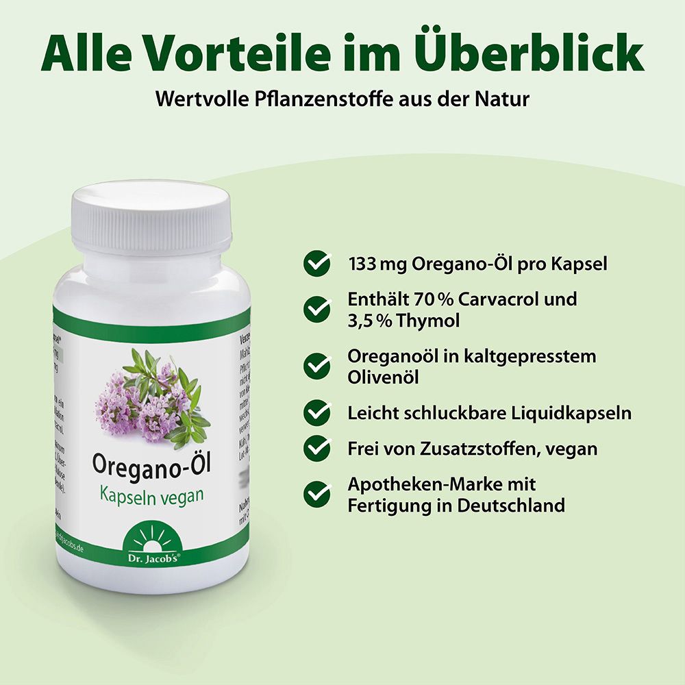 Weiße Flasche mit Oregano-Öl Kapseln vegan. Text: Alle Vorteile im Überblick. 6 Vorteile werden genannt.