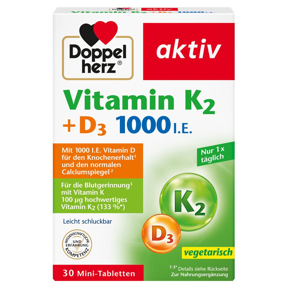 Verpackung von Doppelherz aktiv Vitamin K2 + D3 1000 I.E. mit 30 Mini-Tabletten. Enthält Vitamin K2 und D3. Vegetarisch.