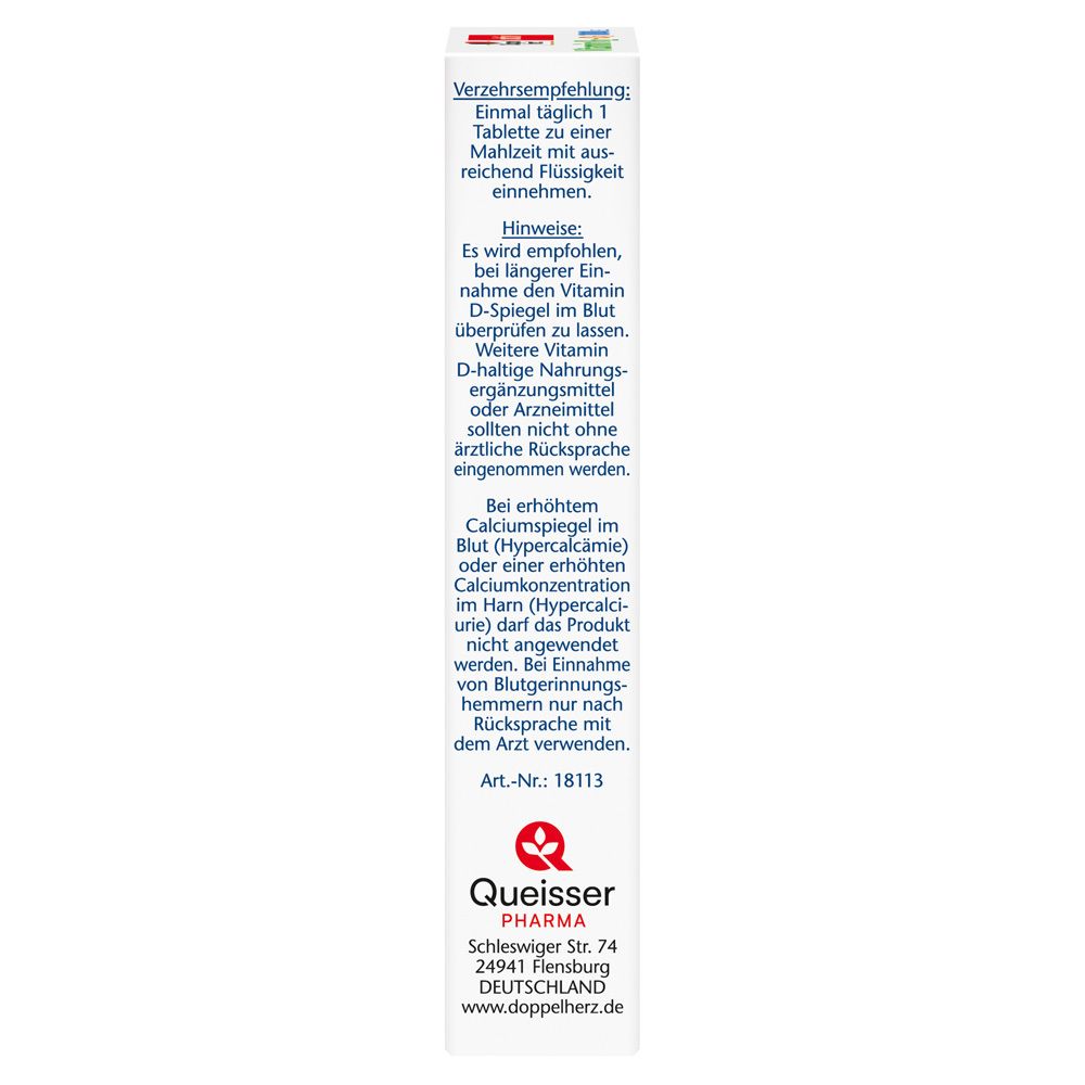 Seite der Verpackung von Doppelherz aktiv Vitamin K2 + D3 1000 I.E. mit Dosierungshinweisen und Herstellerinformationen.