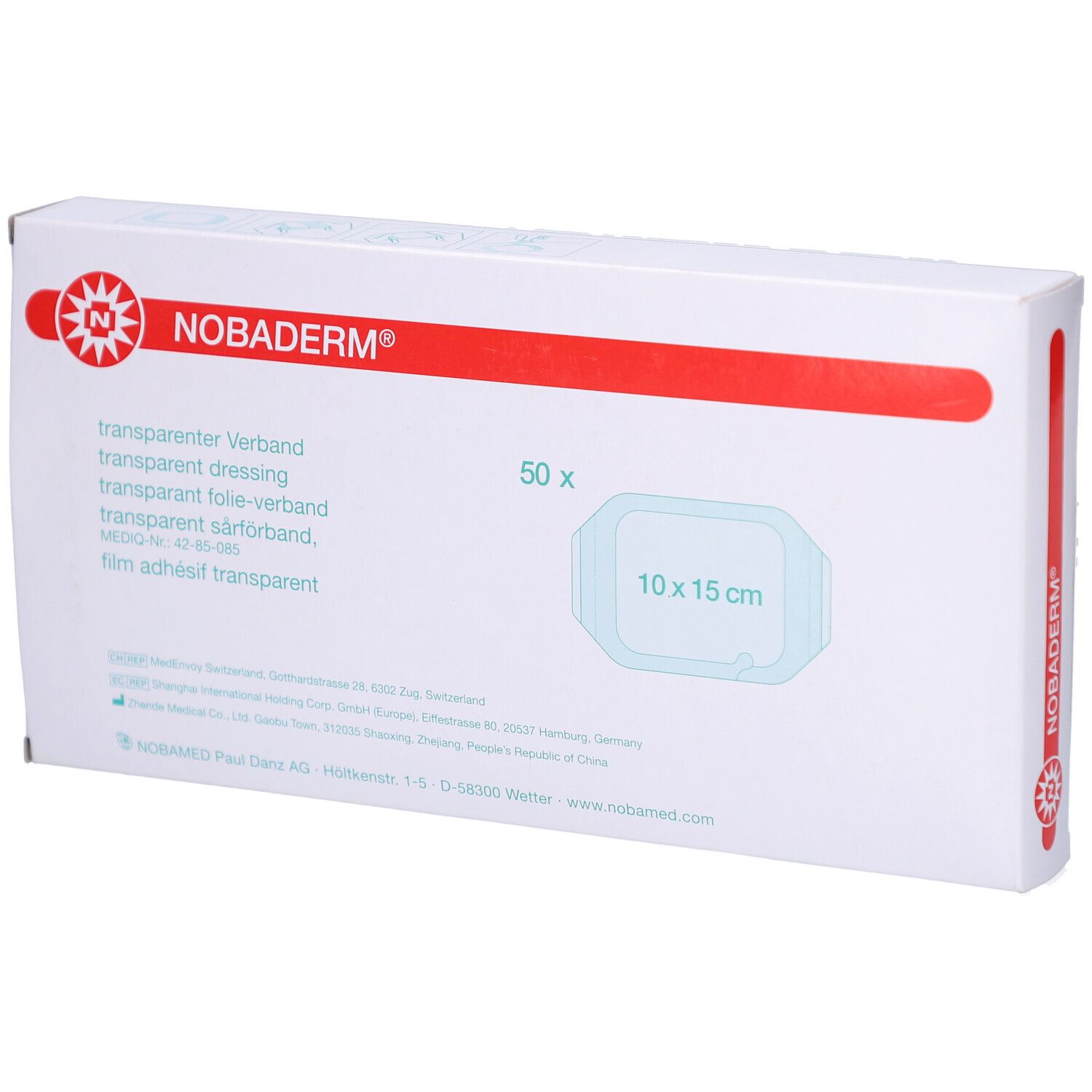 Verpackung NOBADERM® Transparentverband. Weißer Karton mit rotem Streifen. Aufdruck: 10 x 15 cm, 50 Stück.