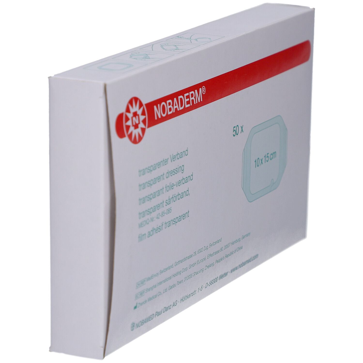 NOBADERM® Transparentverband-Verpackung. Weißer Karton mit rotem Streifen. Aufdruck: 10 x 15 cm, 50 Stück.