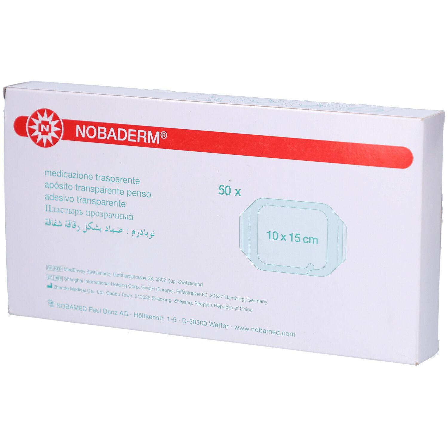 Verpackung NOBADERM® Transparentverband. Weißer Karton mit rotem Streifen. Aufdruck: 10 x 15 cm, 50 Stück.
