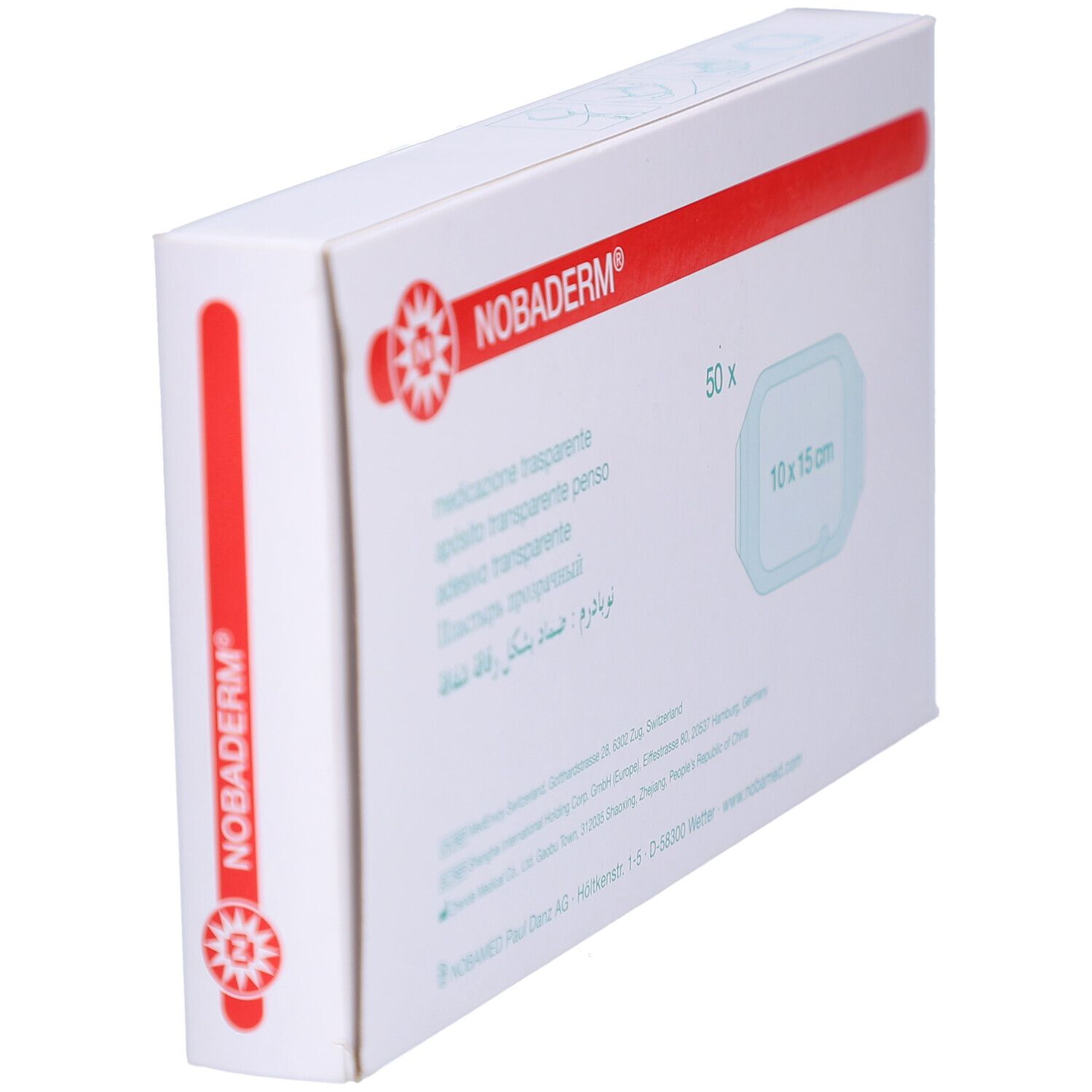 NOBADERM® Transparentverband-Verpackung. Weißer Karton mit rotem Streifen. Aufdruck: 10 x 15 cm, 50 Stück.