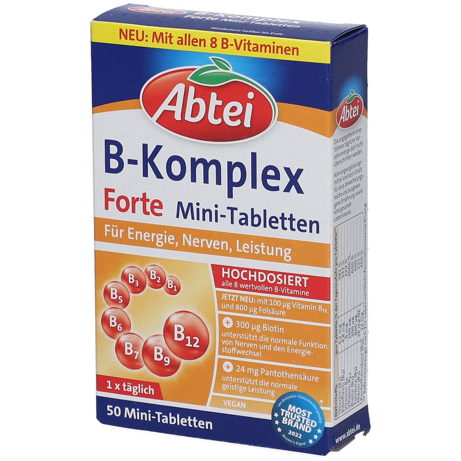 Abtei B-Komplex Forte Mini-Tabletten. Verpackung mit Produktinformationen und Logo. Enthält 50 Tabletten. Vegan.