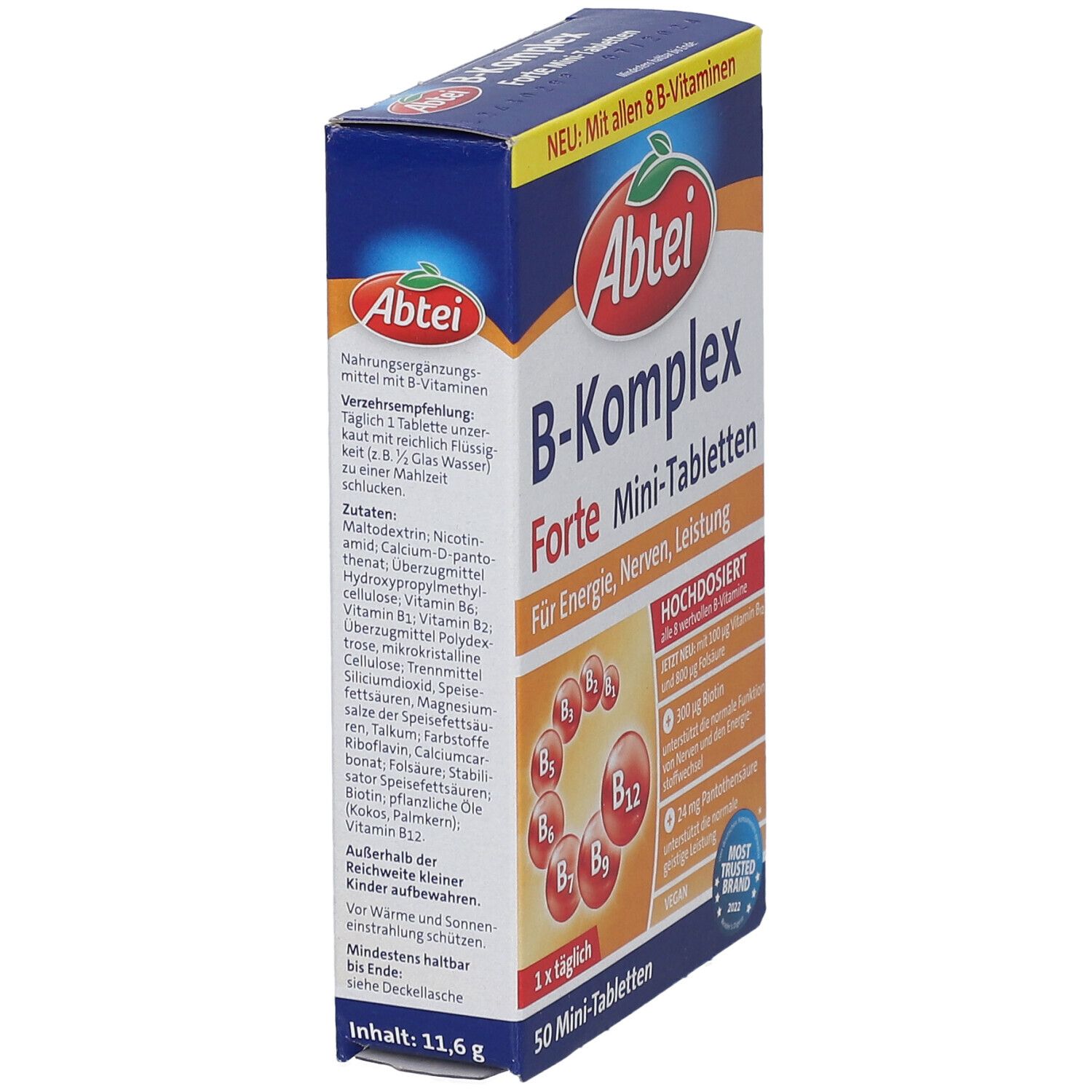Abtei B-Komplex Forte Mini-Tabletten. Schrägansicht der Verpackung. Produktinformationen und Logo sichtbar.