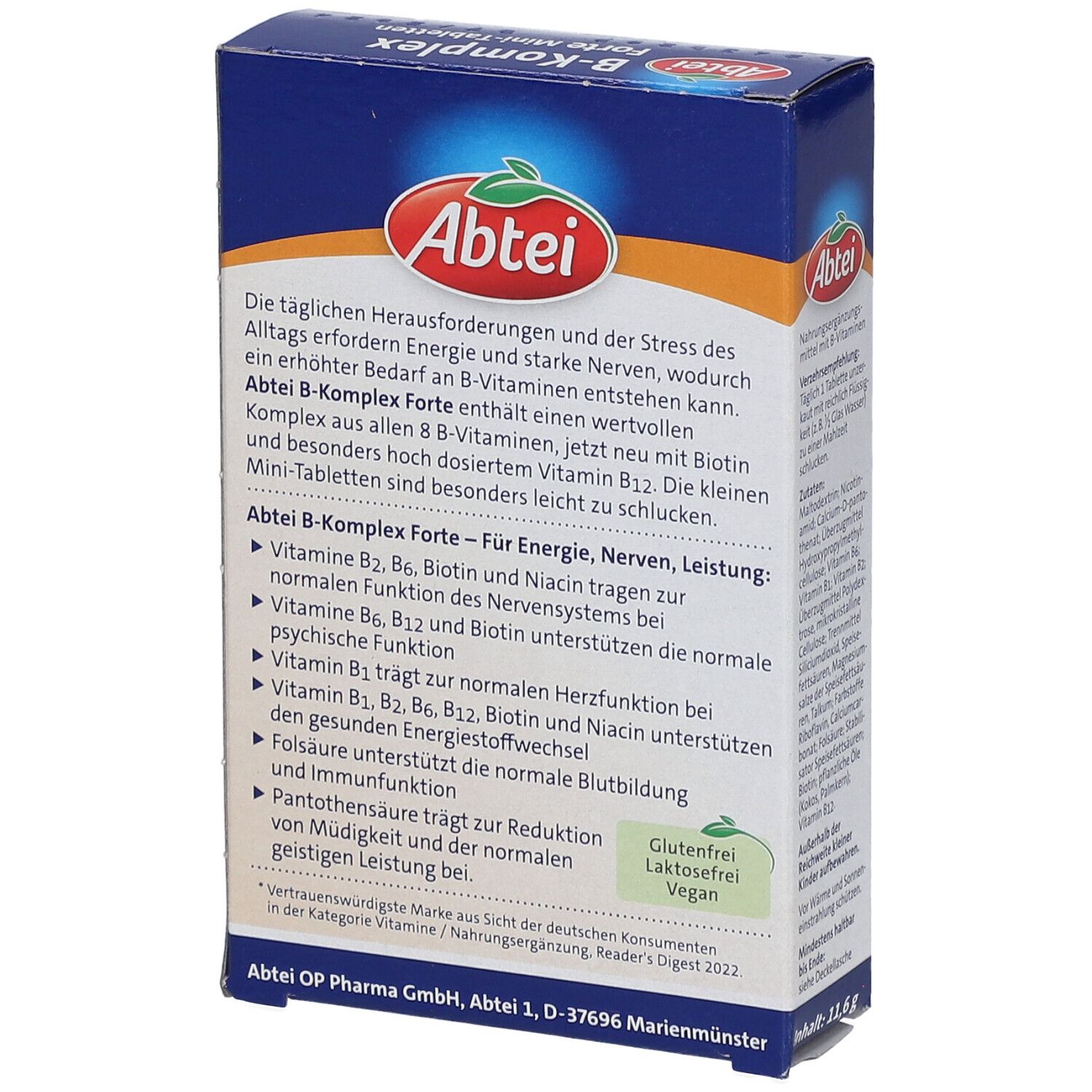 Rückseite der Abtei B-Komplex Forte Mini-Tabletten Verpackung. Textinformationen und Logo.