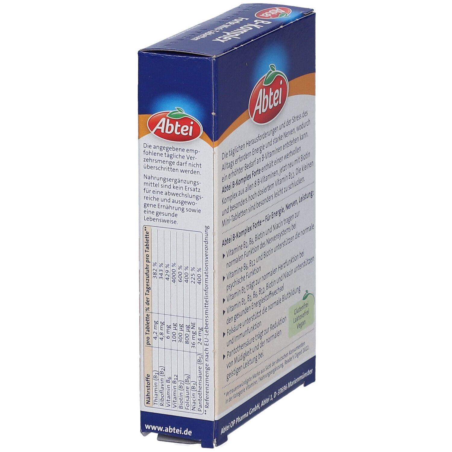 Seitenansicht der Abtei B-Komplex Forte Mini-Tabletten Verpackung. Textinformationen und Logo.