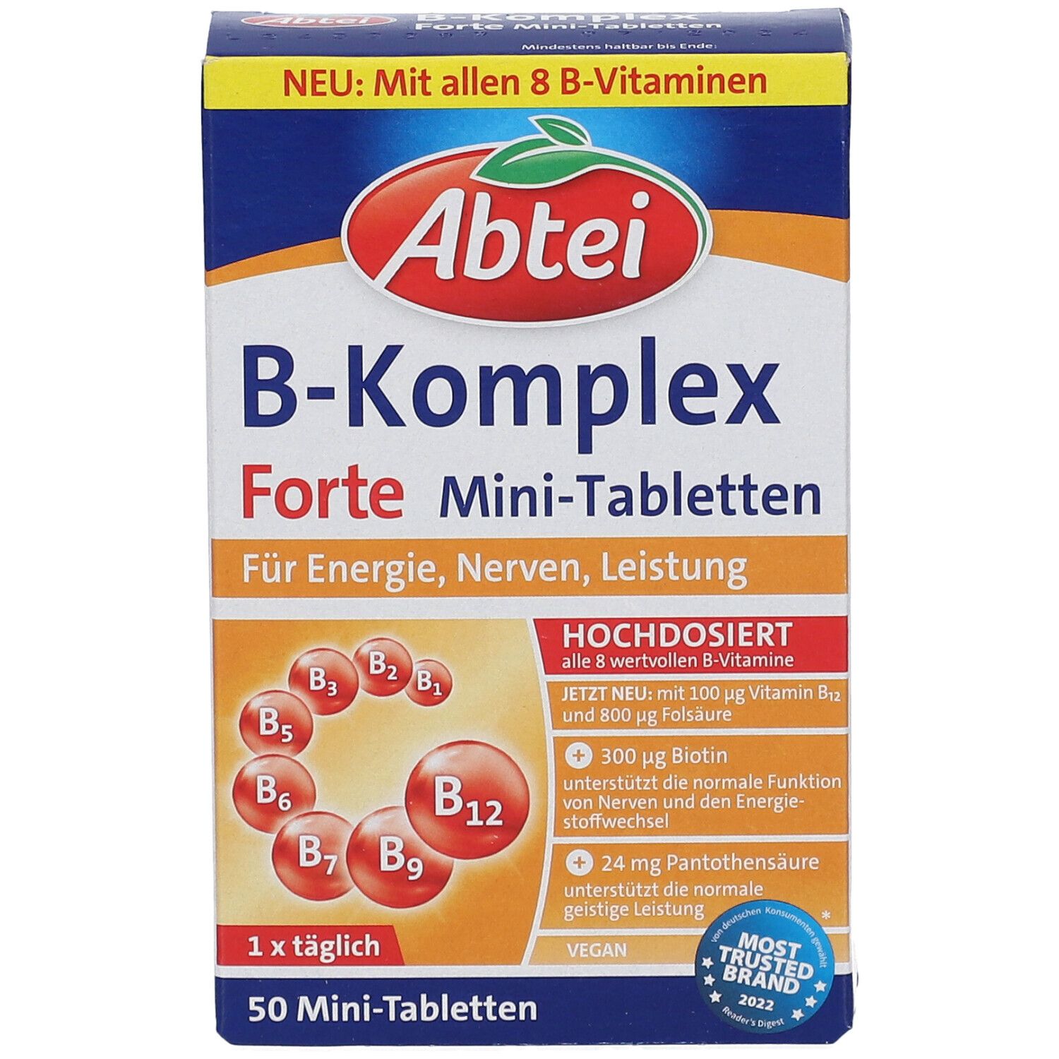 Abtei B-Komplex Forte Mini-Tabletten. Verpackung mit Produktinformationen und Logo. Enthält 50 Tabletten. Vegan.