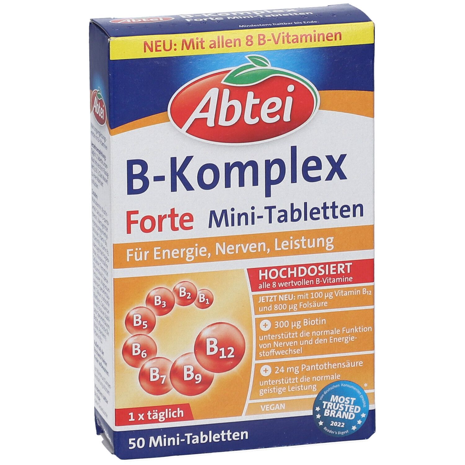 Abtei B-Komplex Forte Mini-Tabletten. Verpackung mit Produktinformationen und Logo. Enthält 50 Tabletten. Vegan.