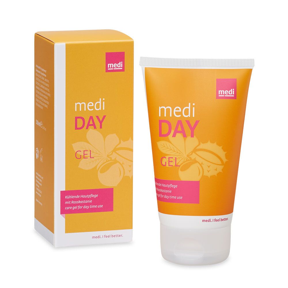Tube und Schachtel mit Produkt. Orangefarben, weiß und rosa. Aufschrift: medi DAY GEL. Logo: medi.