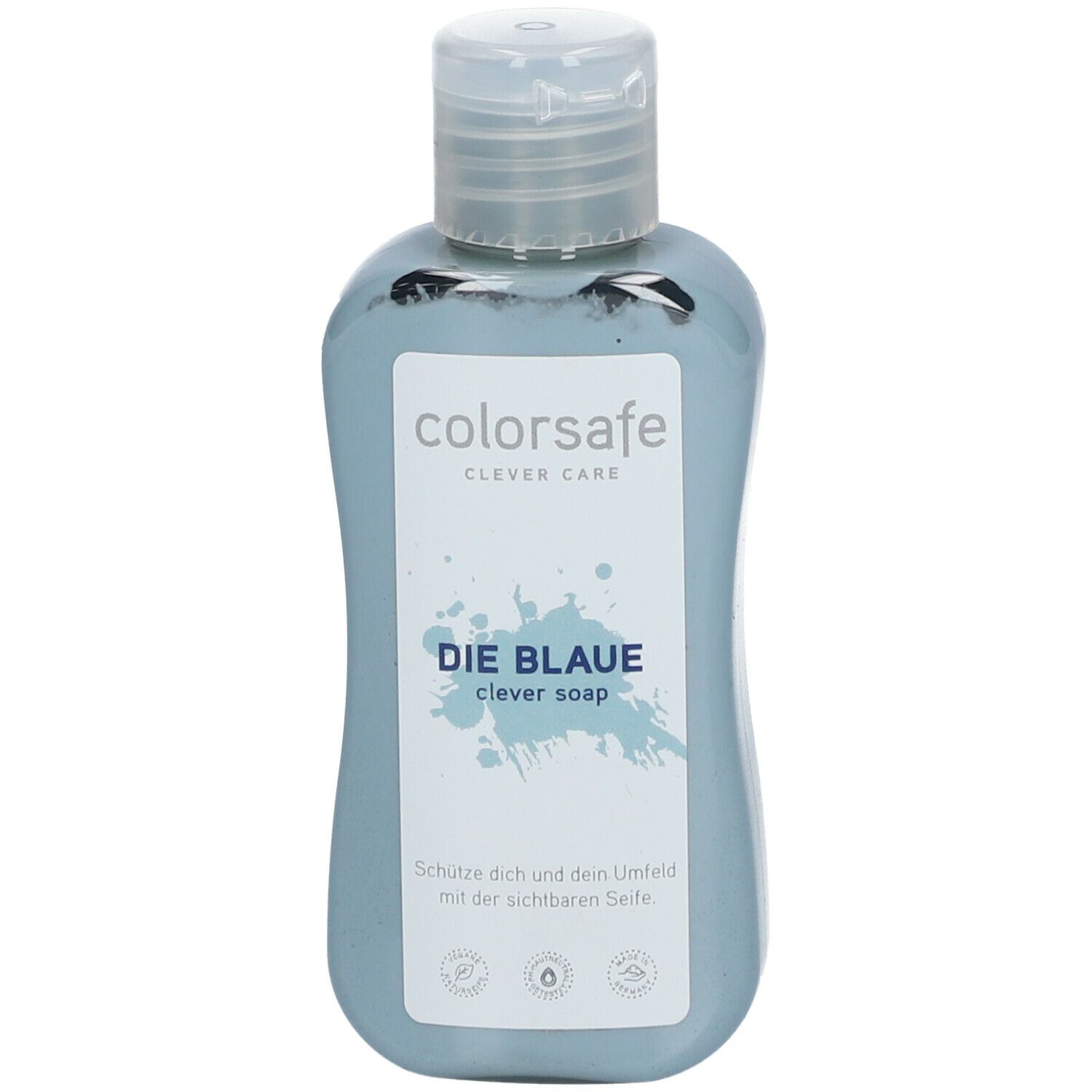 Hellblaue Flasche mit Klappverschluss. Aufschrift: colorsafe CLEVER CARE DIE BLAUE clever soap.