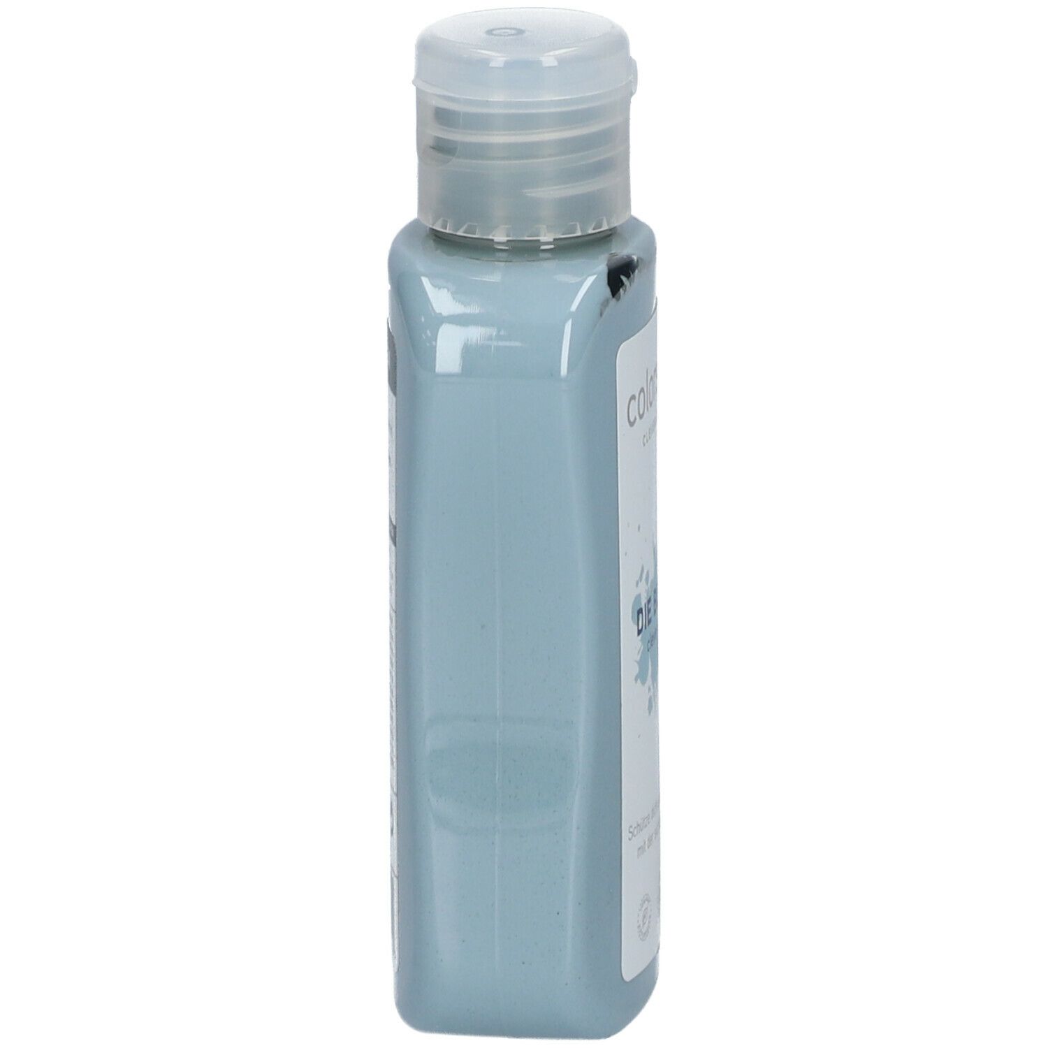 Hellblaue Flasche mit Klappverschluss. Seitenansicht. Aufschrift: colorsafe CLEVER CARE DIE BLAUE.