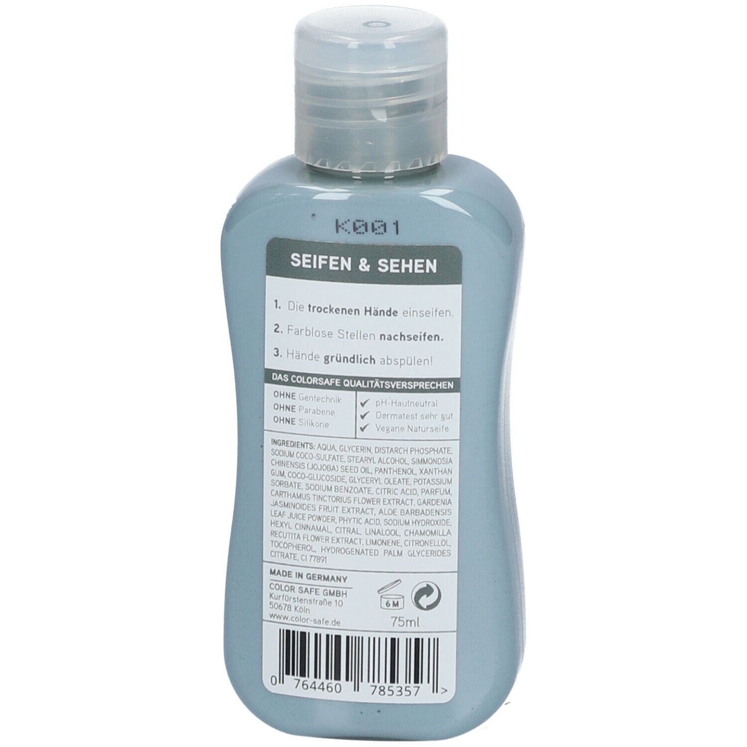 Rückseite einer hellblauen Flasche mit Klappverschluss. Text: SEIFEN & SEHEN, Inhaltsstoffe, 75ml.