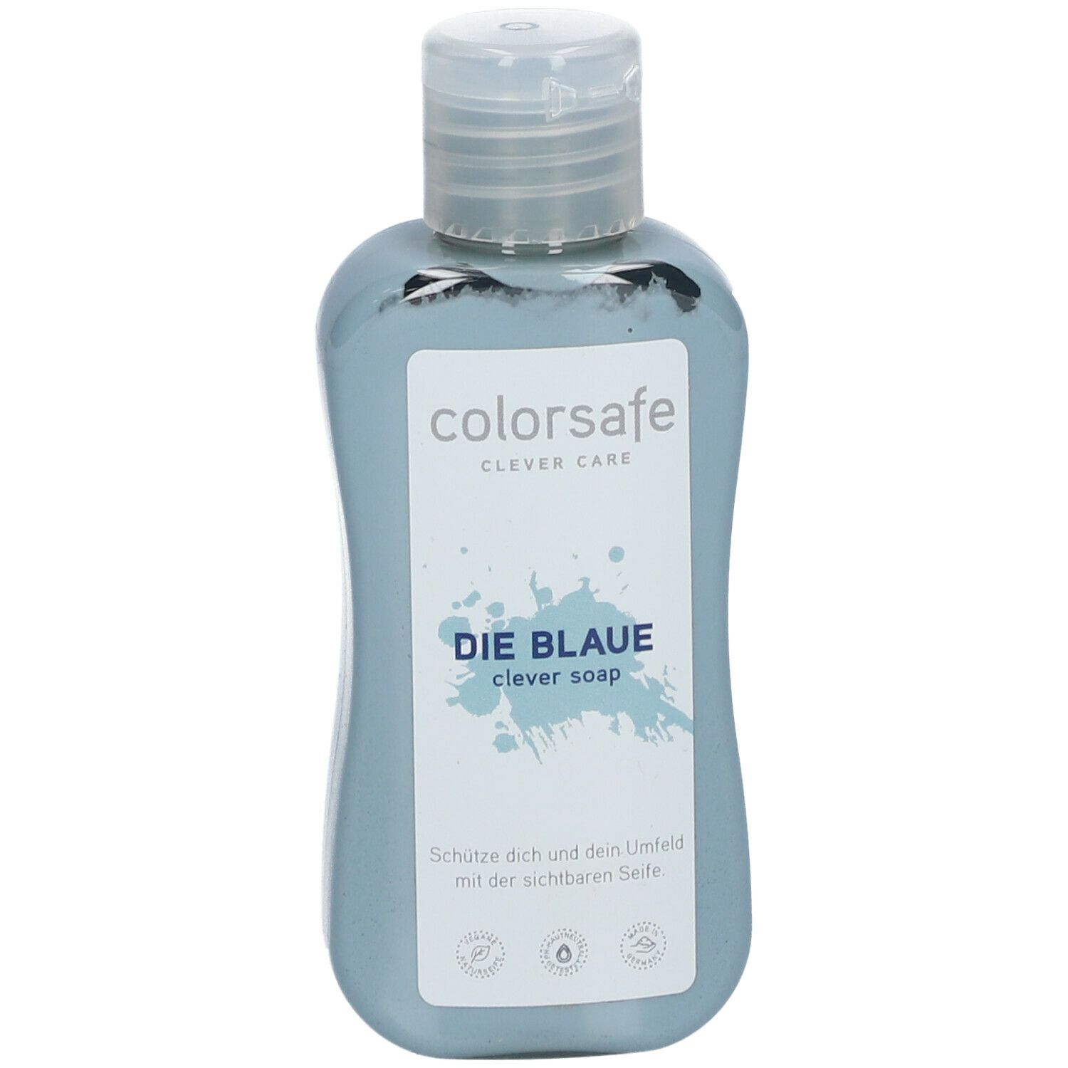 Hellblaue Flasche mit Klappverschluss. Aufschrift: colorsafe CLEVER CARE DIE BLAUE clever soap.