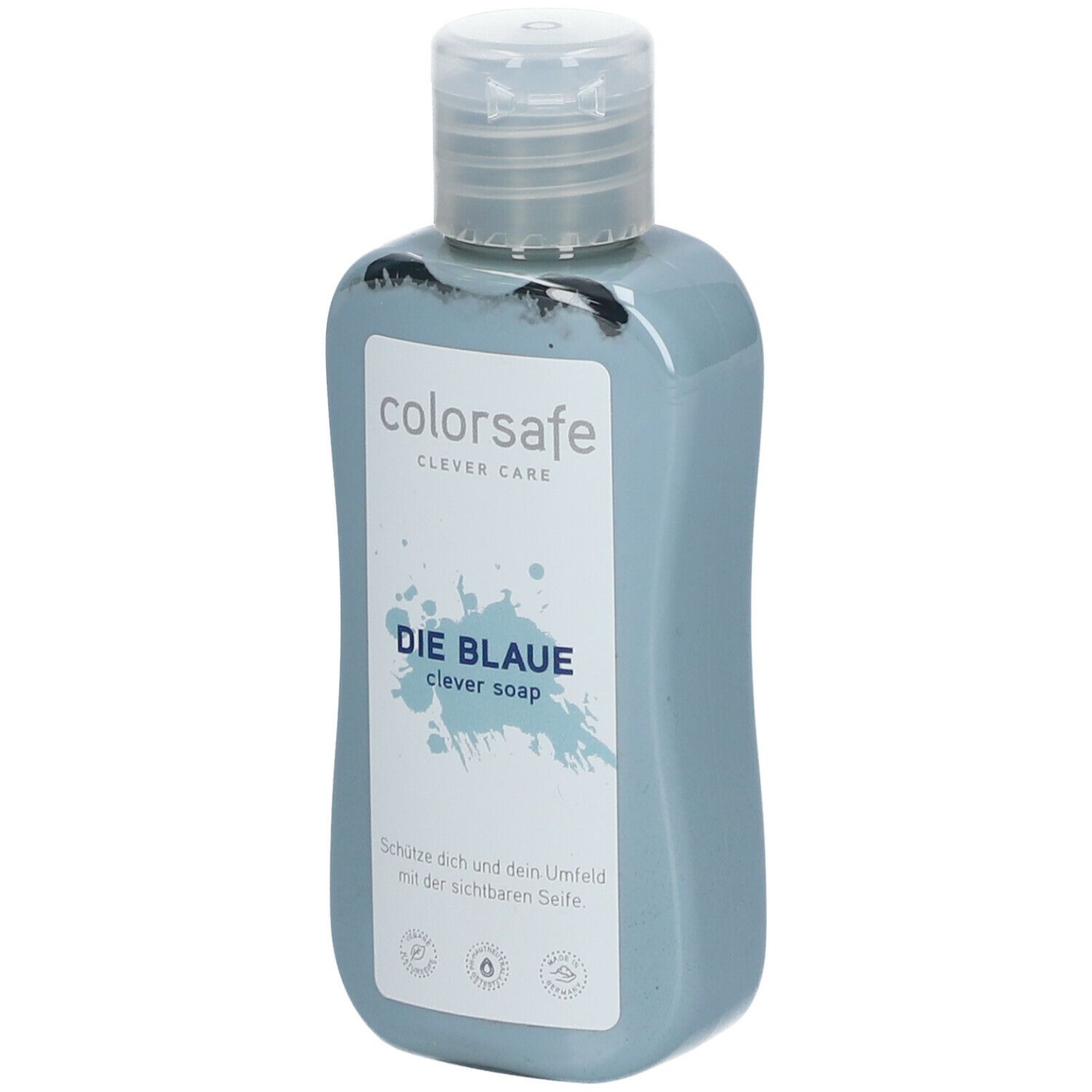 Hellblaue Flasche mit Klappverschluss. Aufschrift: colorsafe CLEVER CARE DIE BLAUE clever soap.