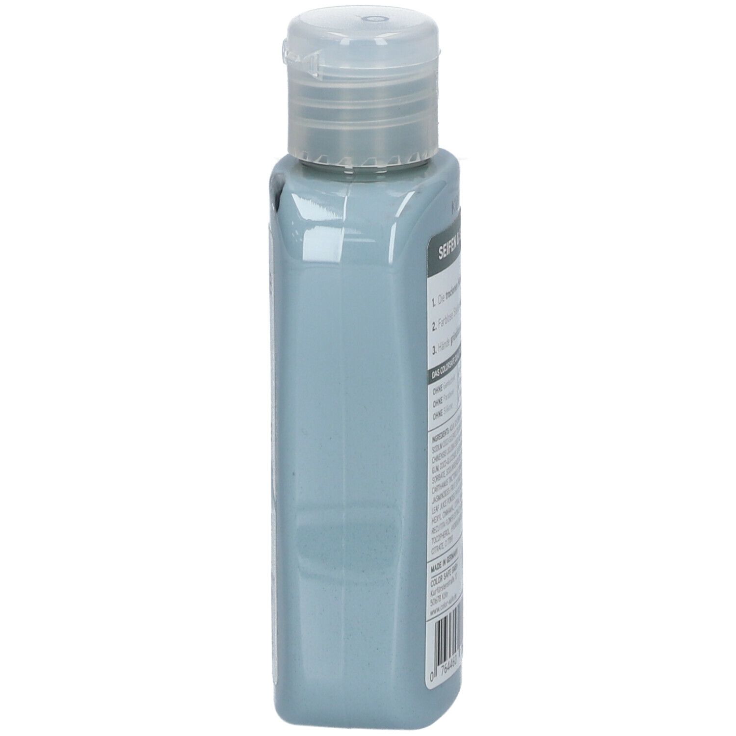 Hellblaue Flasche mit Klappverschluss. Seitenansicht. Aufschrift: colorsafe CLEVER CARE DIE BLAUE.