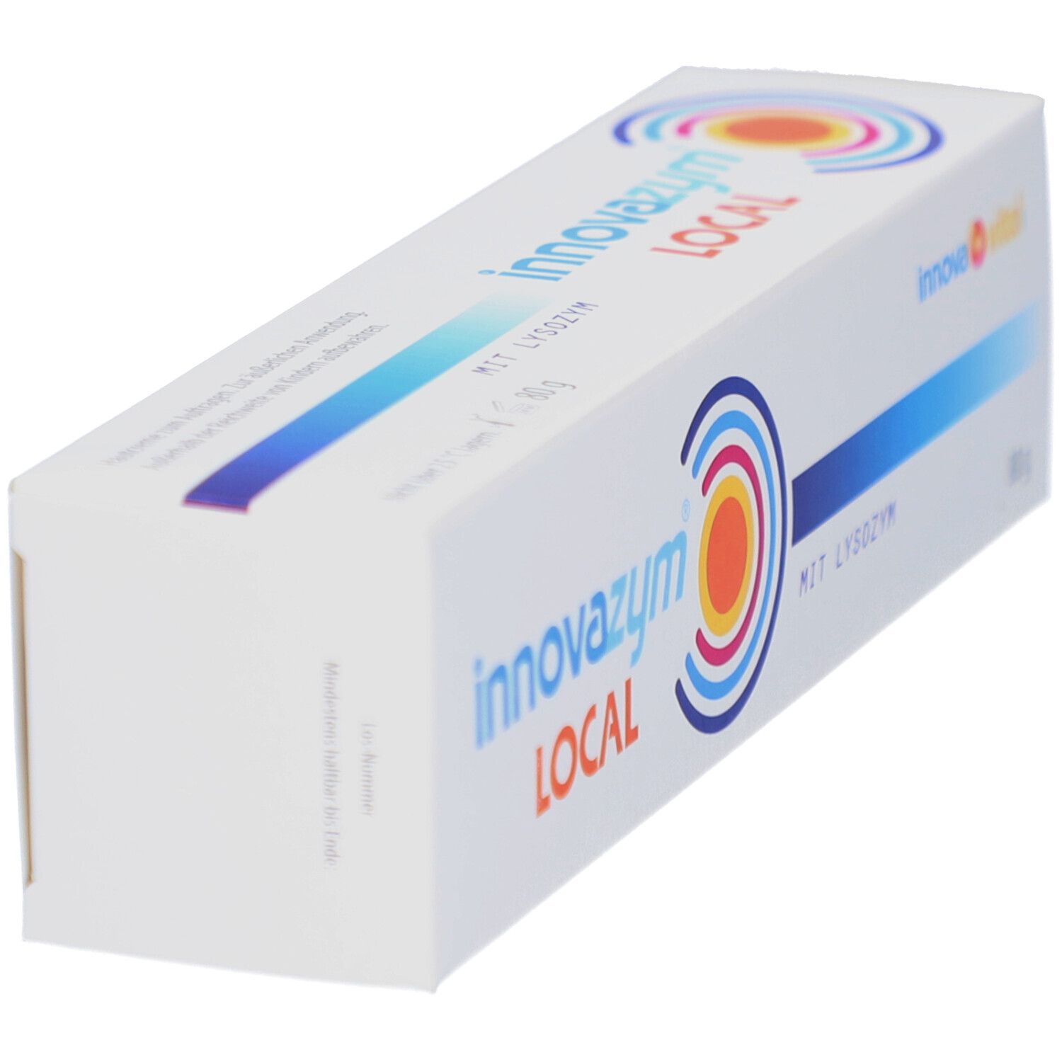 Schräg liegende weiße Verpackung mit Produktnamen und Logo. Text 'MIT LYSOZYM' sichtbar.