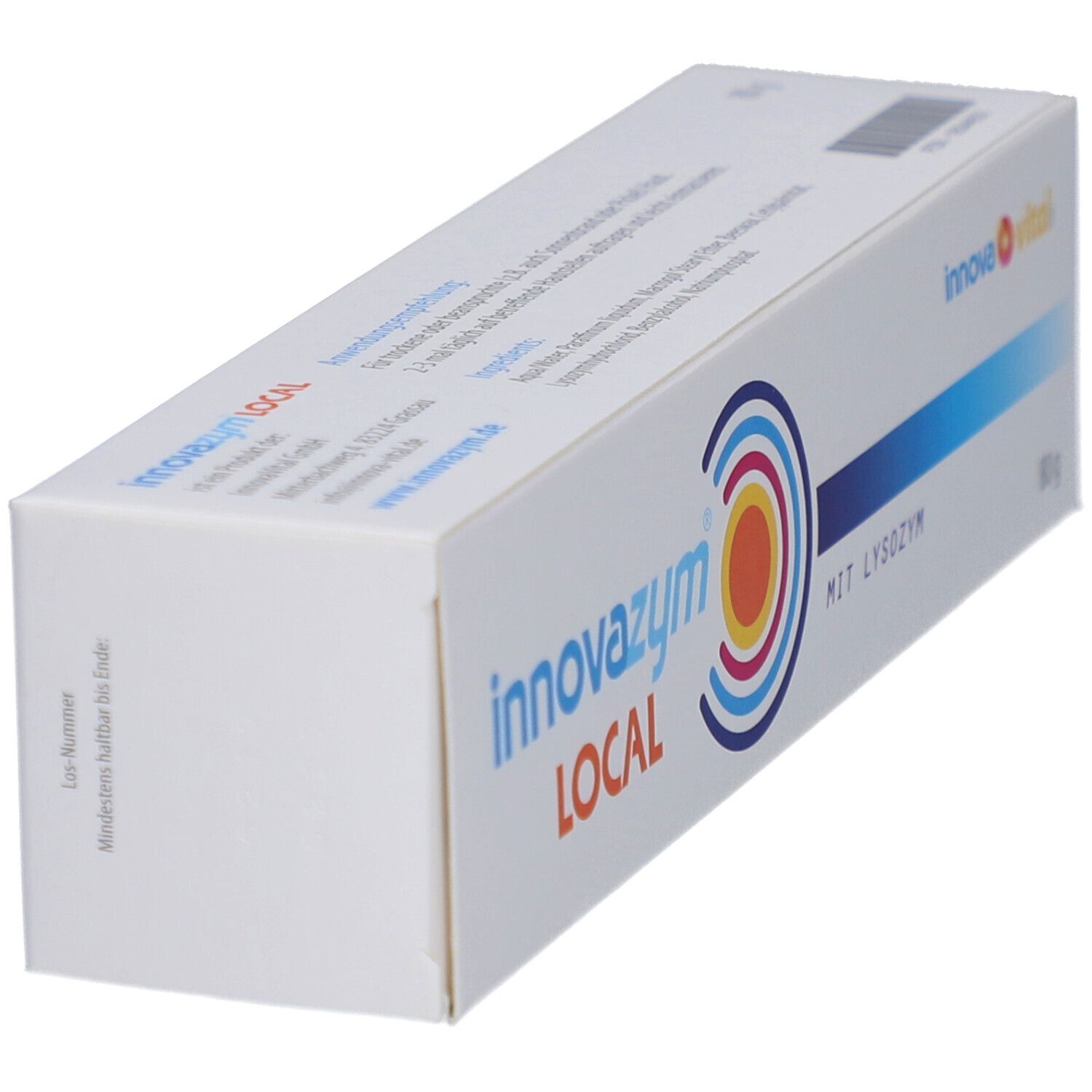 Schräg liegende weiße Verpackung mit Produktnamen und Logo. Text 'MIT LYSOZYM' sichtbar.