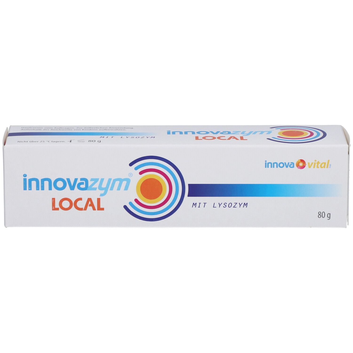 Weiße Verpackung mit Produktnamen und Logo. Text 'MIT LYSOZYM' und '80 g' sichtbar.